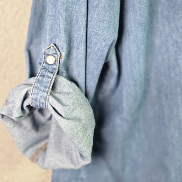 VTG Faded Glory Denim Shirt 3X Pearl Snap Roll Tab Western Y2K Cotton Side Slits - Picture 7 of 16